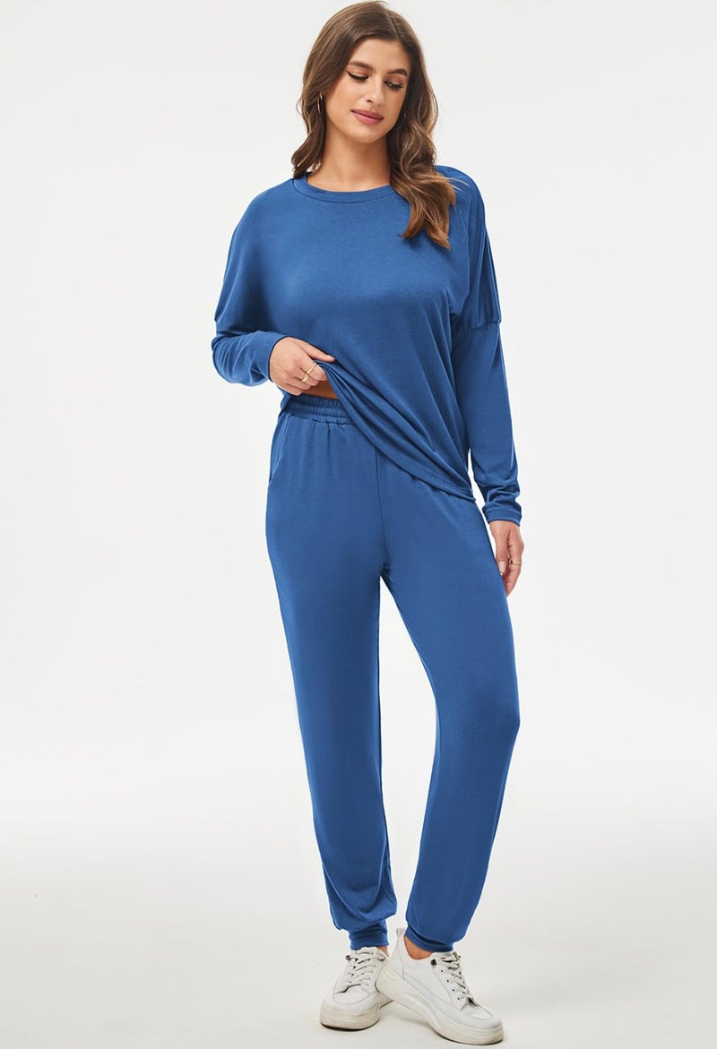 Fixmatti Women Casual 2 Piece Outfits Jumpsuit Long Sleeve Shirt and Long Pant Set M Blue - Image 4